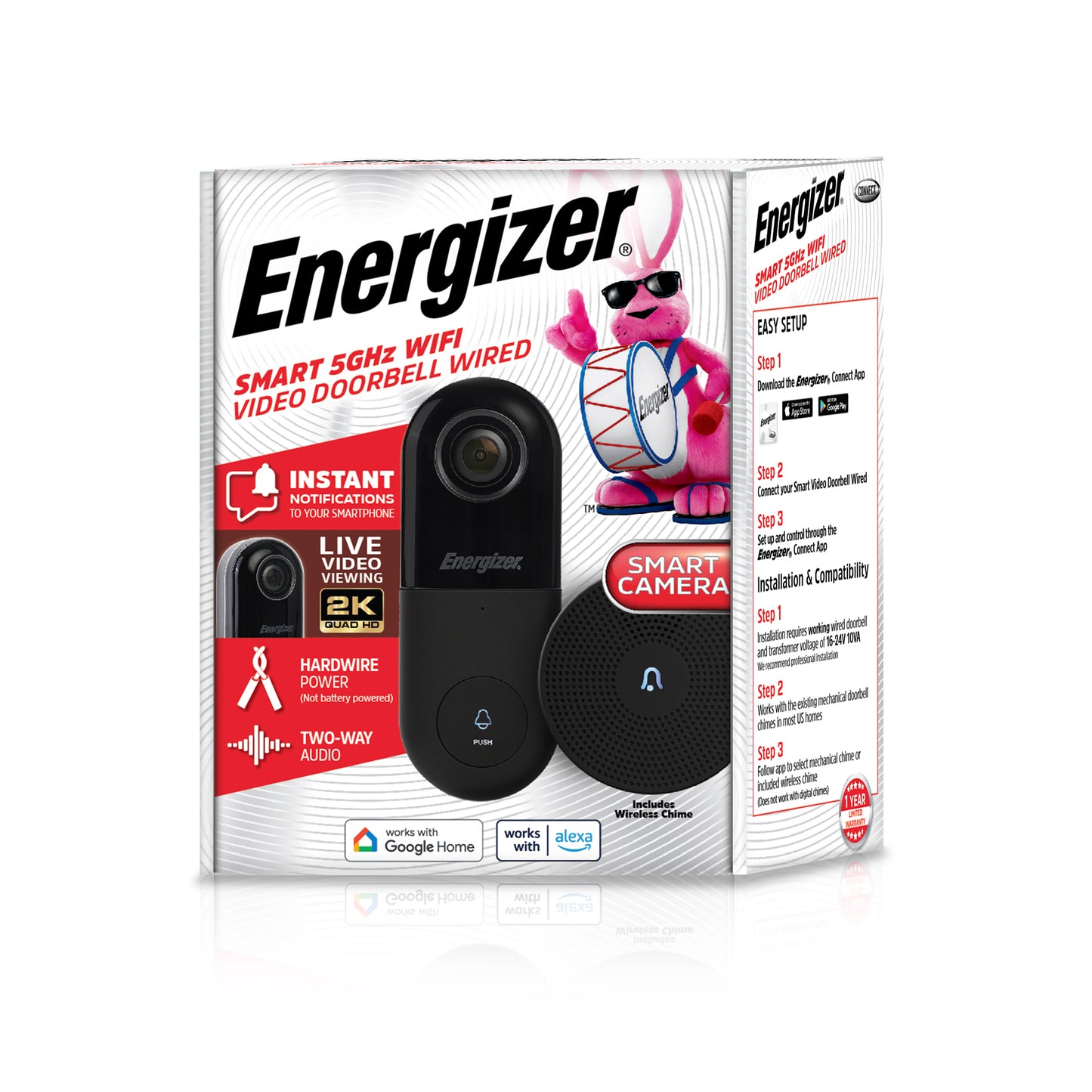 Energizer Connect Smart 5GHz Wi-Fi 2K QHD Wired Video Doorbell with Wireless Chime in Black