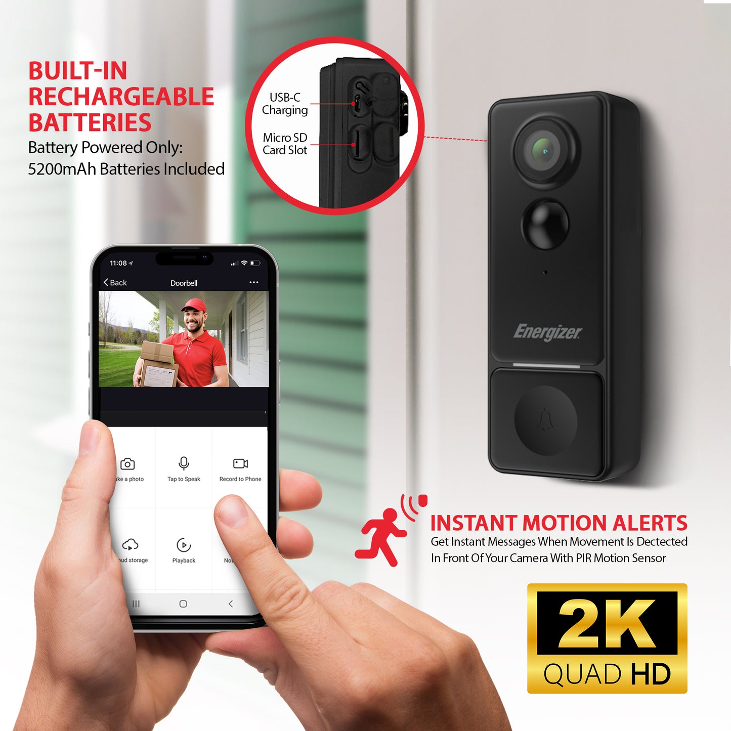 Smart 2K Doorbell & Chime, Rechargeable Battery Video Doorbell Security Camera