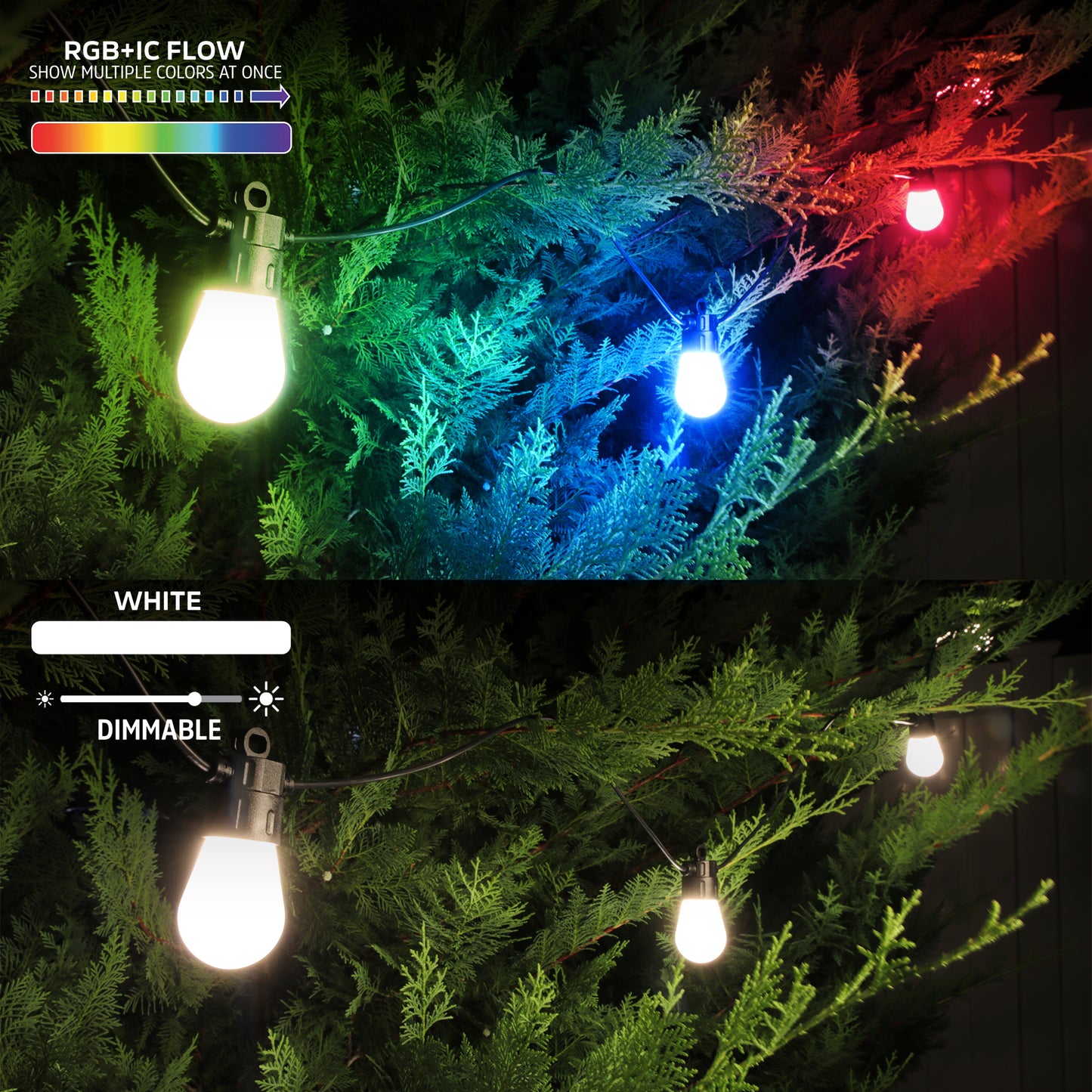 Smart 24ft Outdoor Multi-Color & Multi-White Sound Reactive String LED Lights Bulbs