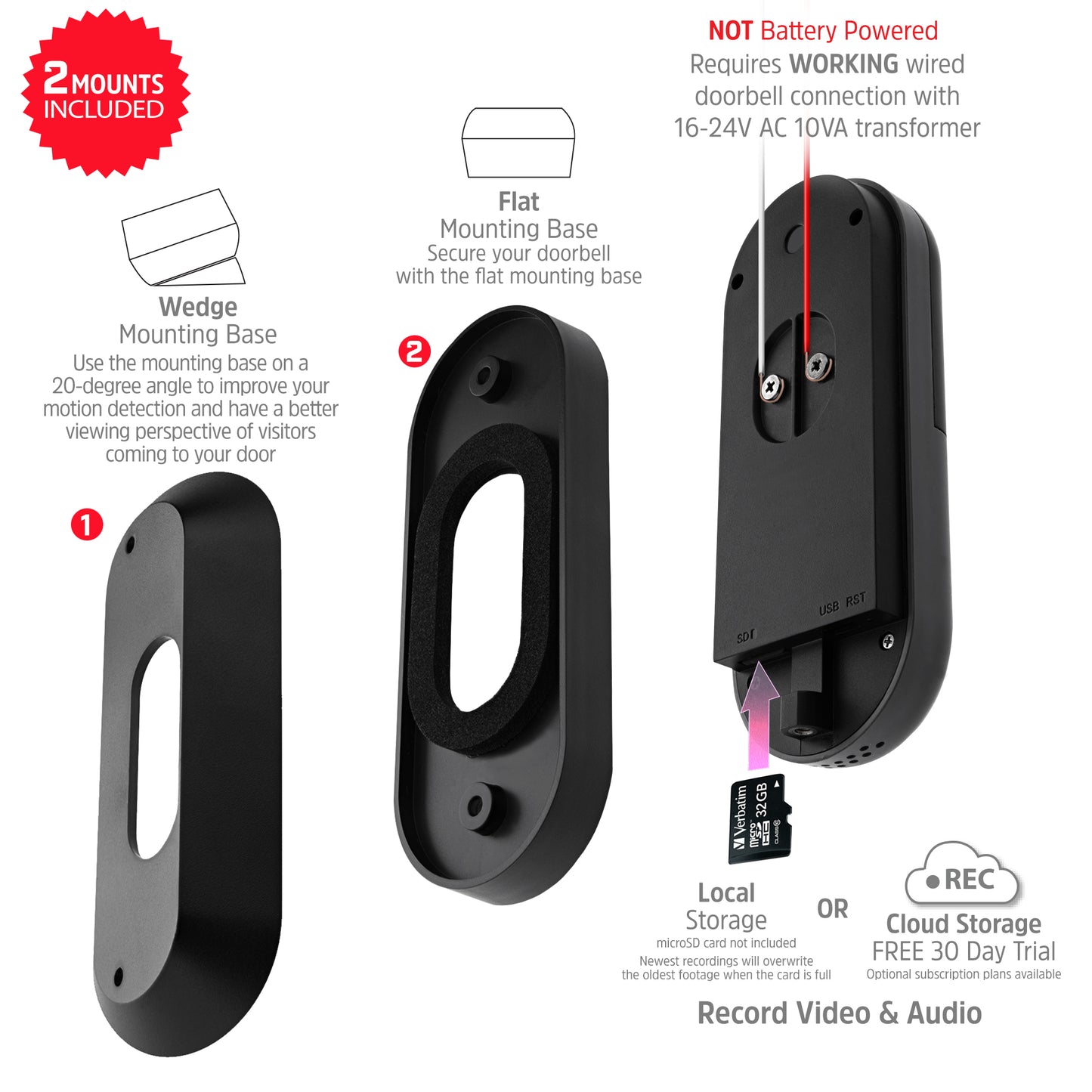 Energizer Connect Smart 5GHz Wi-Fi 2K QHD Wired Video Doorbell with Wireless Chime in Black