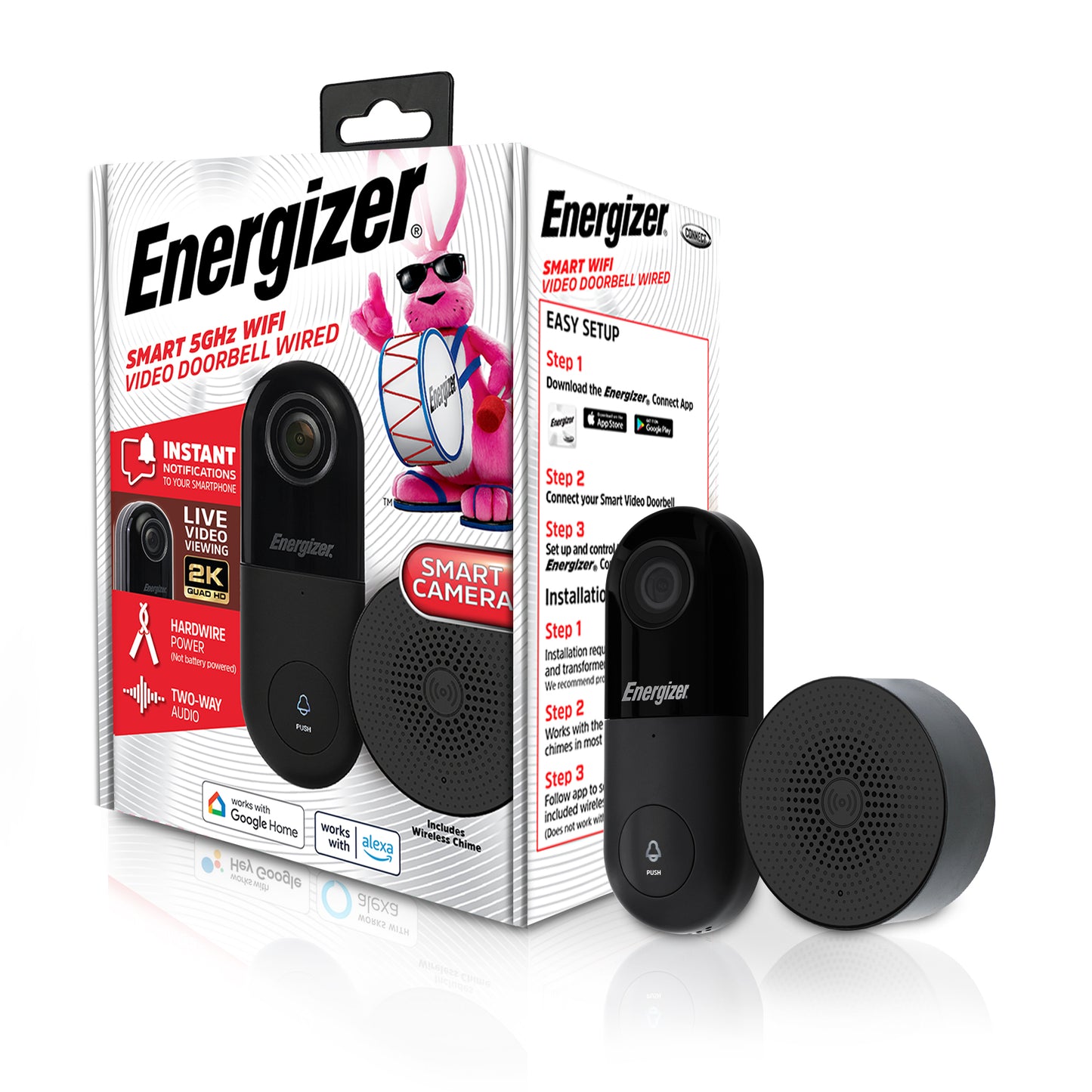 Energizer Connect Smart 5GHz Wi-Fi 2K QHD Wired Video Doorbell with Wireless Chime in Black