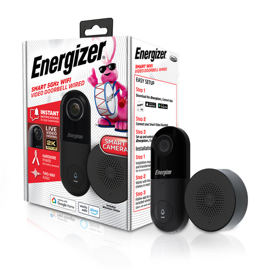 Energizer Connect Smart 5GHz Wi-Fi 2K QHD Wired Video Doorbell with Wireless Chime in Black