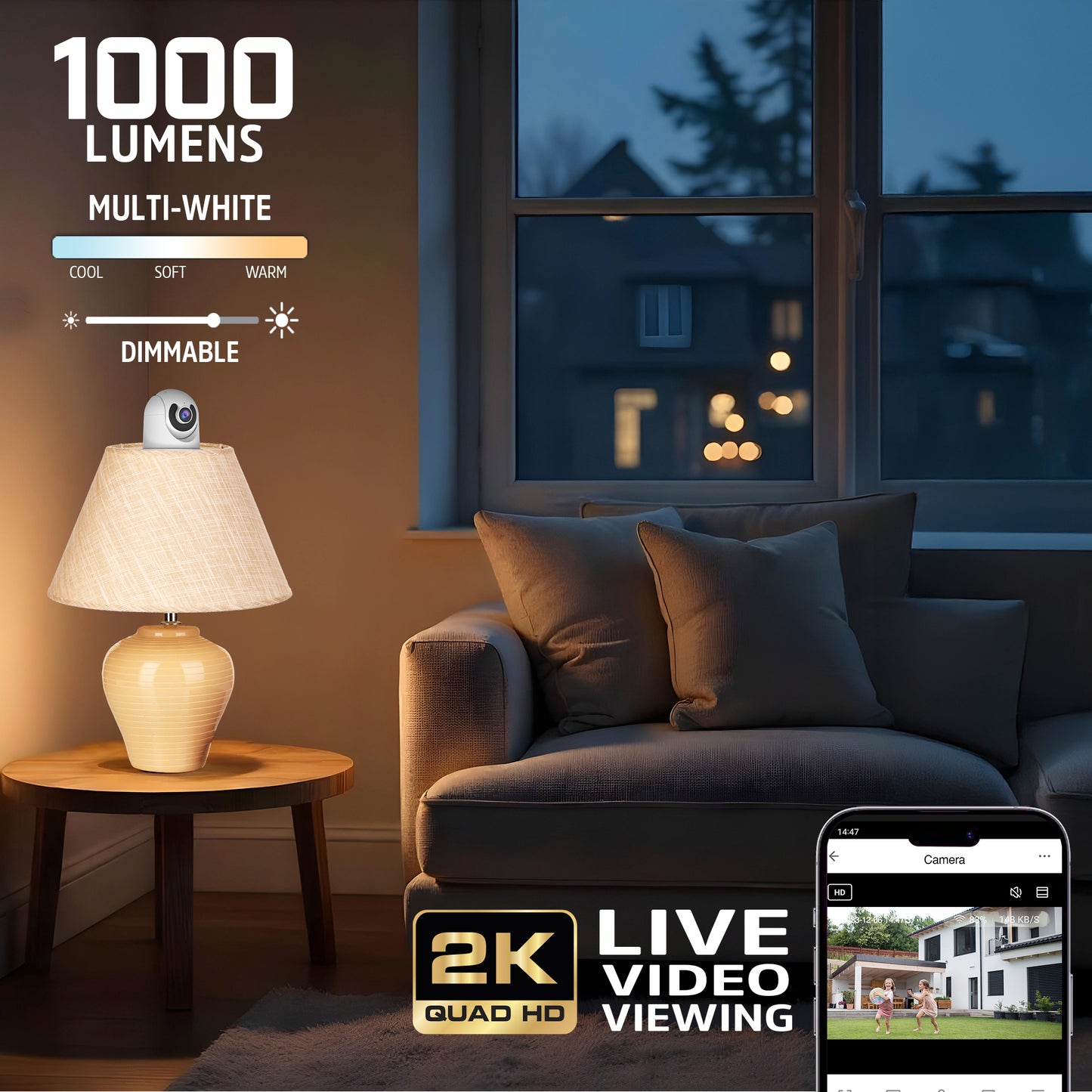 Smart 5GHz 2K Pan and Tilt Camera w/ multi-white 1000 Lumen Lightbulb