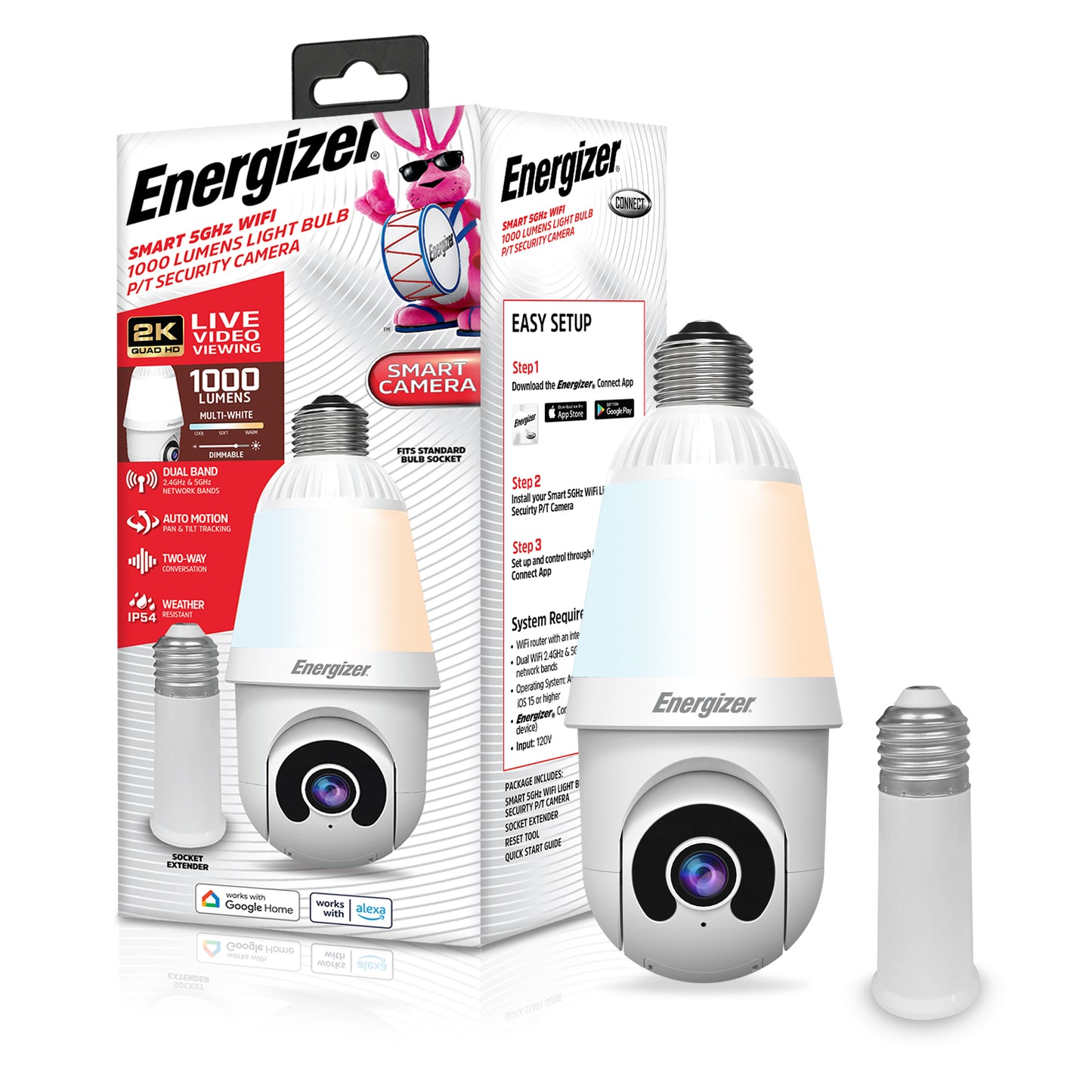 Smart 5GHz 2K Pan and Tilt Camera w/ multi-white 1000 Lumen Lightbulb