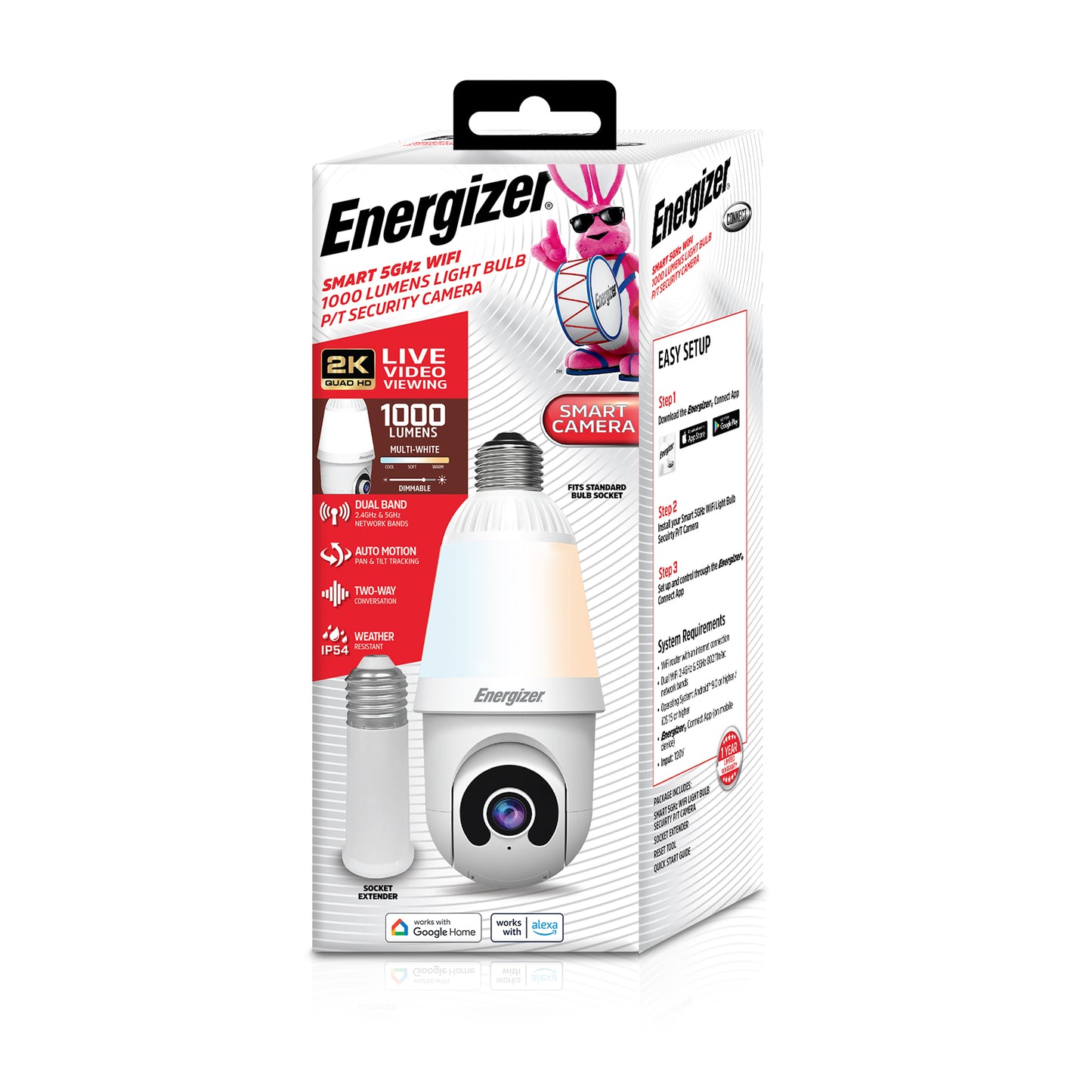 Smart 5GHz 2K Pan and Tilt Camera w/ multi-white 1000 Lumen Lightbulb