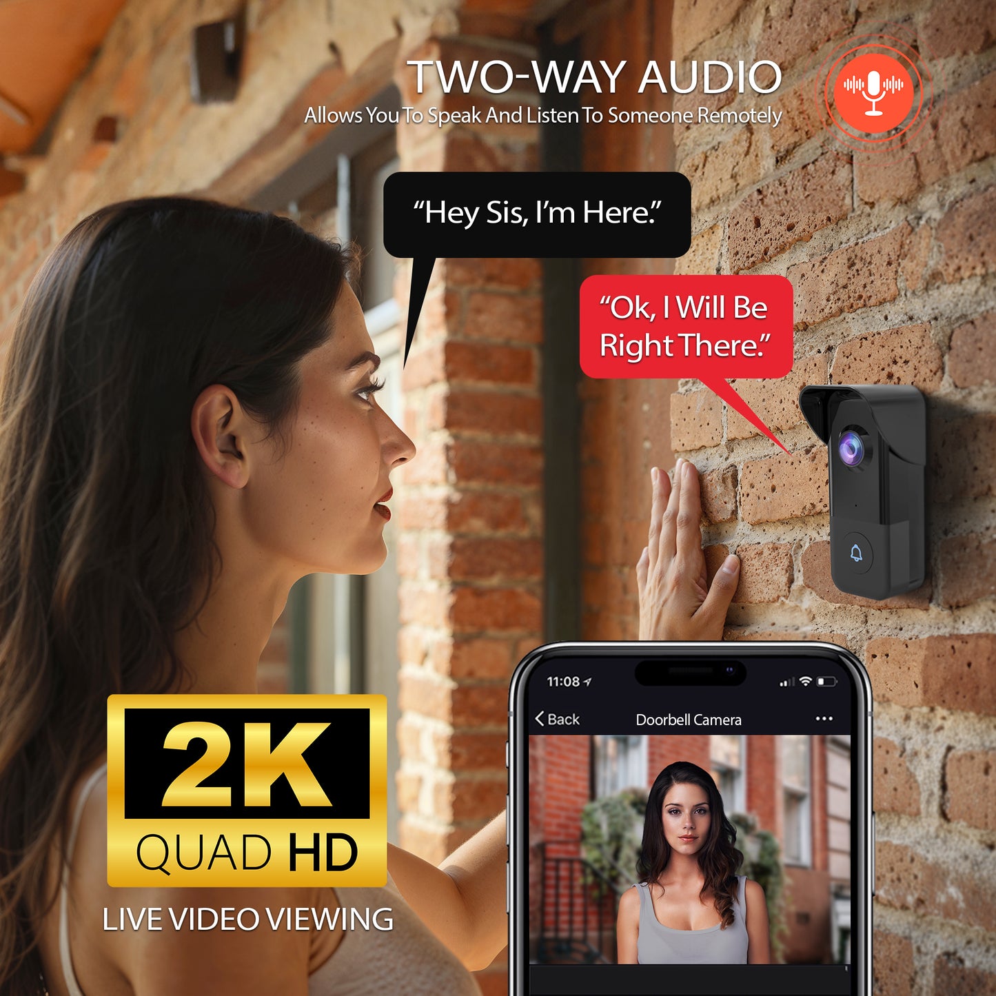 Smart 5GHz Wi-Fi 2K QHD Wired Video Doorbell with True Color Night Vision and Wireless Chime in Black