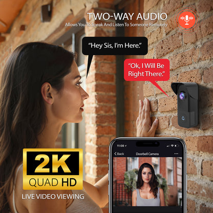 Smart 5GHz Wi-Fi 2K QHD Wired Video Doorbell with True Color Night Vision and Wireless Chime in Black