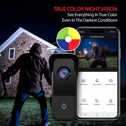 Smart 5GHz Wi-Fi 2K QHD Wired Video Doorbell with True Color Night Vision and Wireless Chime in Black