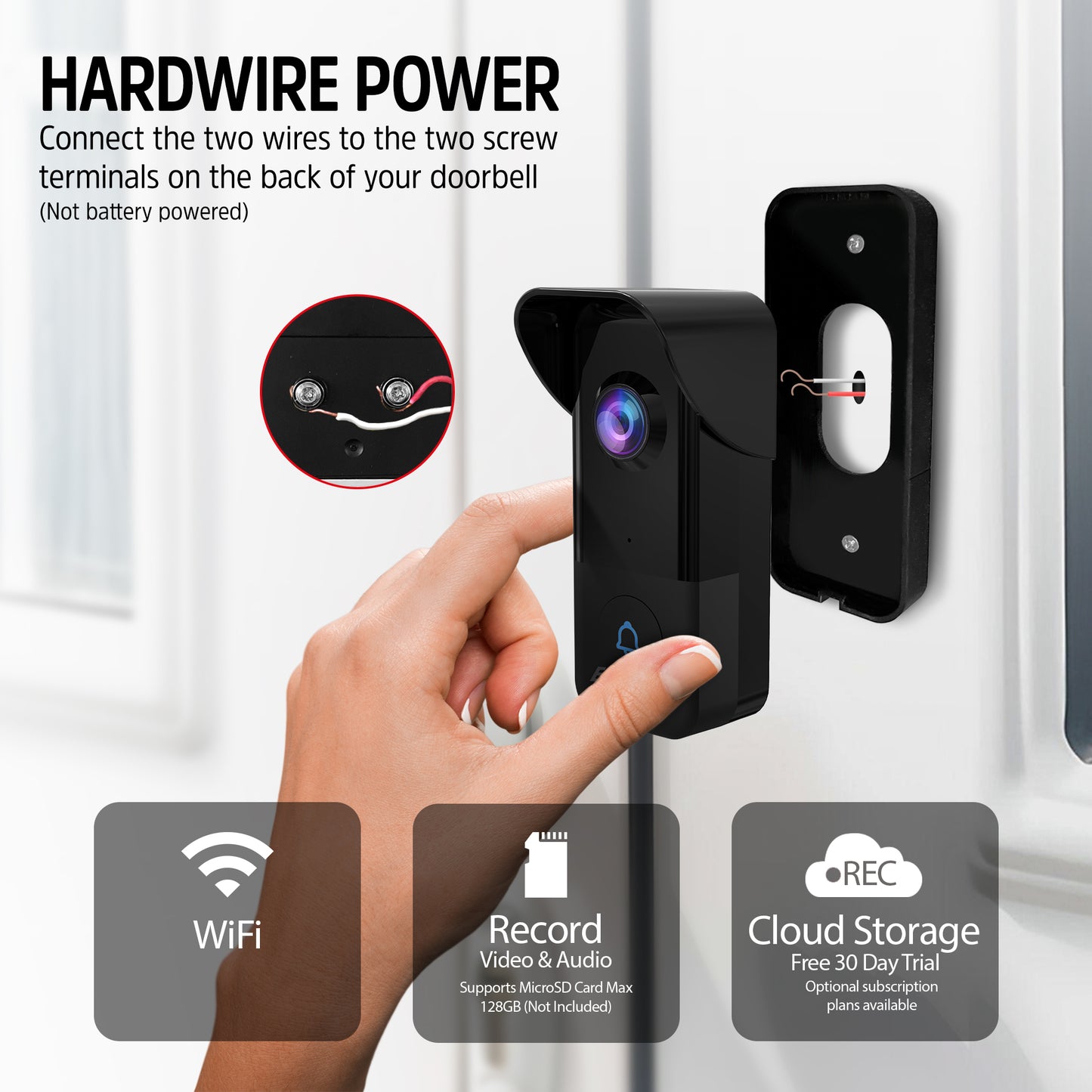 Smart 5GHz Wi-Fi 2K QHD Wired Video Doorbell with True Color Night Vision and Wireless Chime in Black