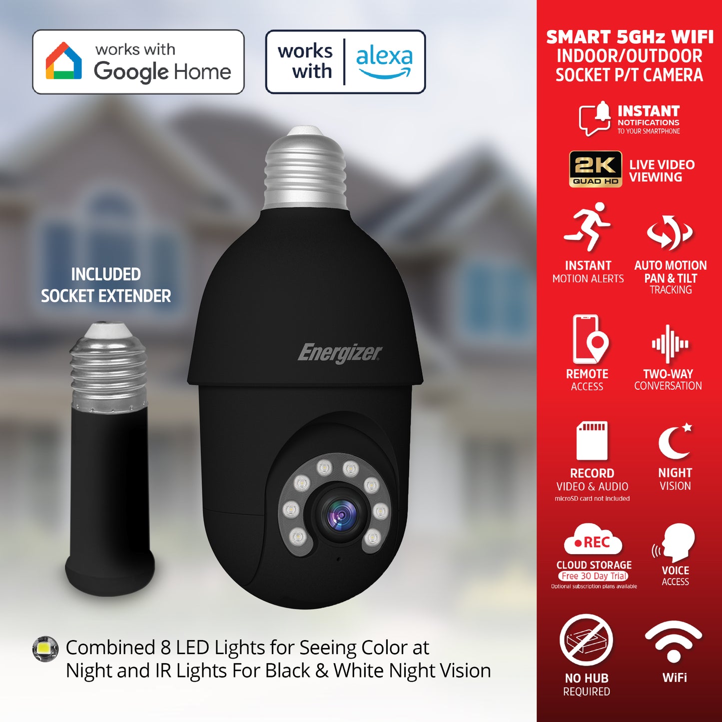 Smart 5GHz 2K Indoor/Outdoor Socket P/T Security Camera with LED Spotlight