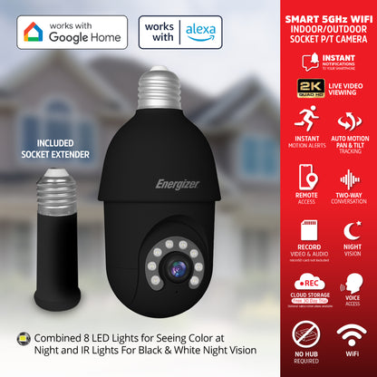 Smart 5GHz 2K Indoor/Outdoor Socket P/T Security Camera with LED Spotlight
