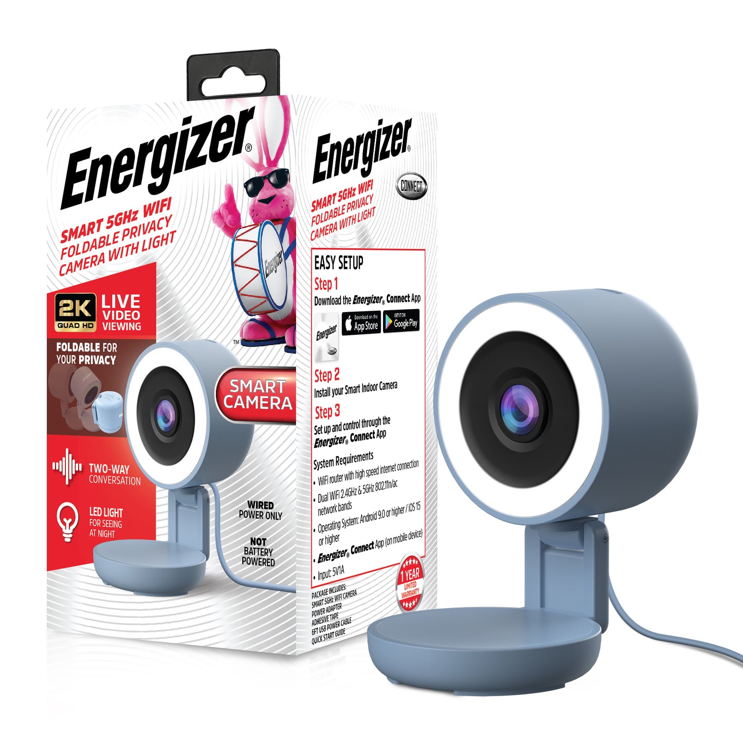 Energizer 2-Pack Smart 2K Wired Indoor Blue Camera with Light for Night Vision, Foldable for Privacy, 130° Wide Angle