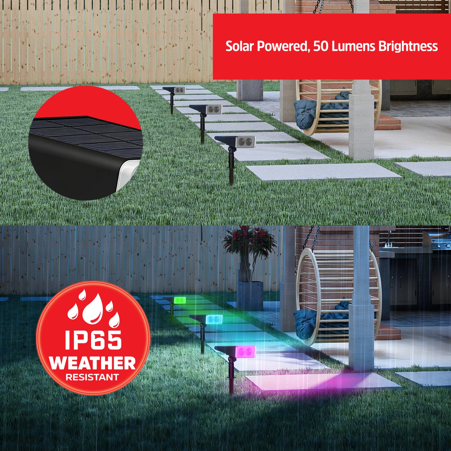 3-Pack Smart Solar Panel Wireless Color-Changing Lighting Landscape Spotlights, Multi-White Options, IP65 Weather Resistant