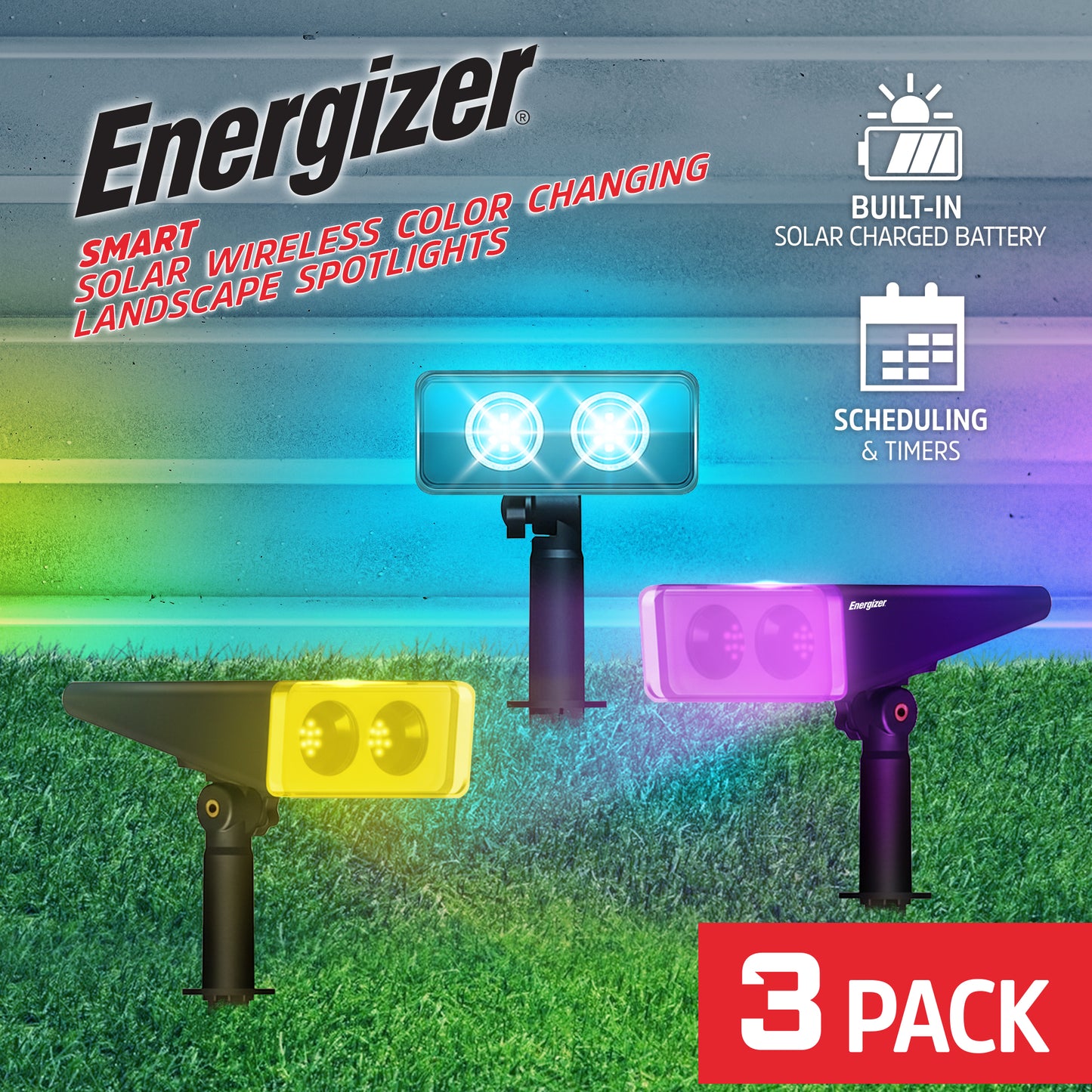 3-Pack Smart Solar Panel Wireless Color-Changing Lighting Landscape Spotlights, Multi-White Options, IP65 Weather Resistant