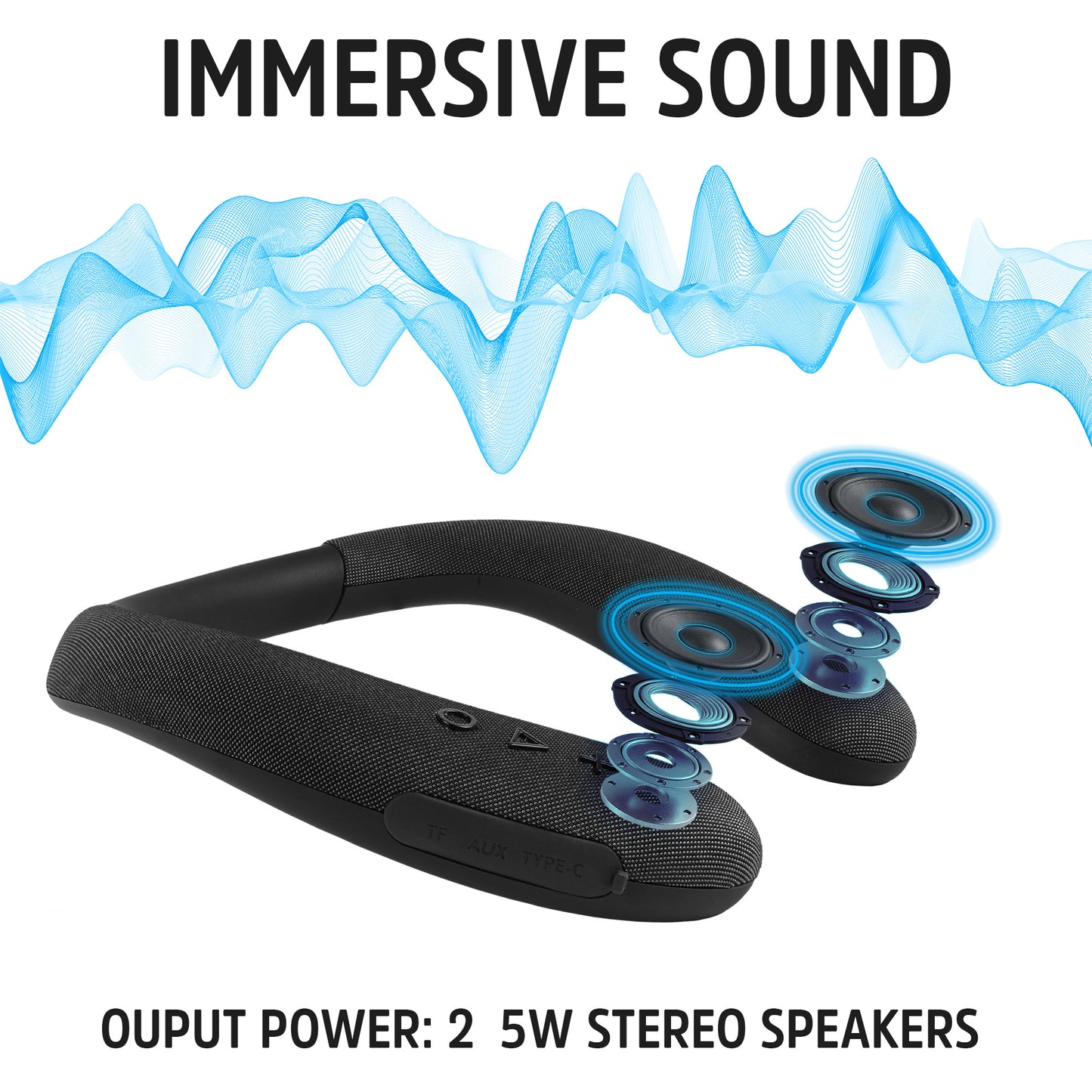Energizer Smart Wireless Neckband Speaker with Built-In Microphone, App Sound Control, USB-C Charging, AUX & TF Card Playback, Flexible Silicone Neckband