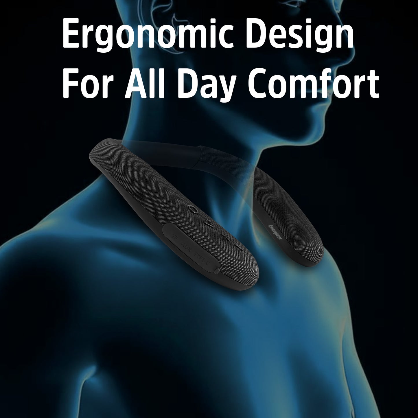 Energizer Smart Wireless Neckband Speaker with Built-In Microphone, App Sound Control, USB-C Charging, AUX & TF Card Playback, Flexible Silicone Neckband