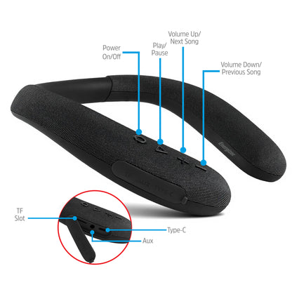 Energizer Smart Wireless Neckband Speaker with Built-In Microphone, App Sound Control, USB-C Charging, AUX & TF Card Playback, Flexible Silicone Neckband