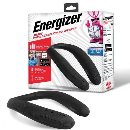 Energizer Smart Wireless Neckband Speaker with Built-In Microphone, App Sound Control, USB-C Charging, AUX & TF Card Playback, Flexible Silicone Neckband