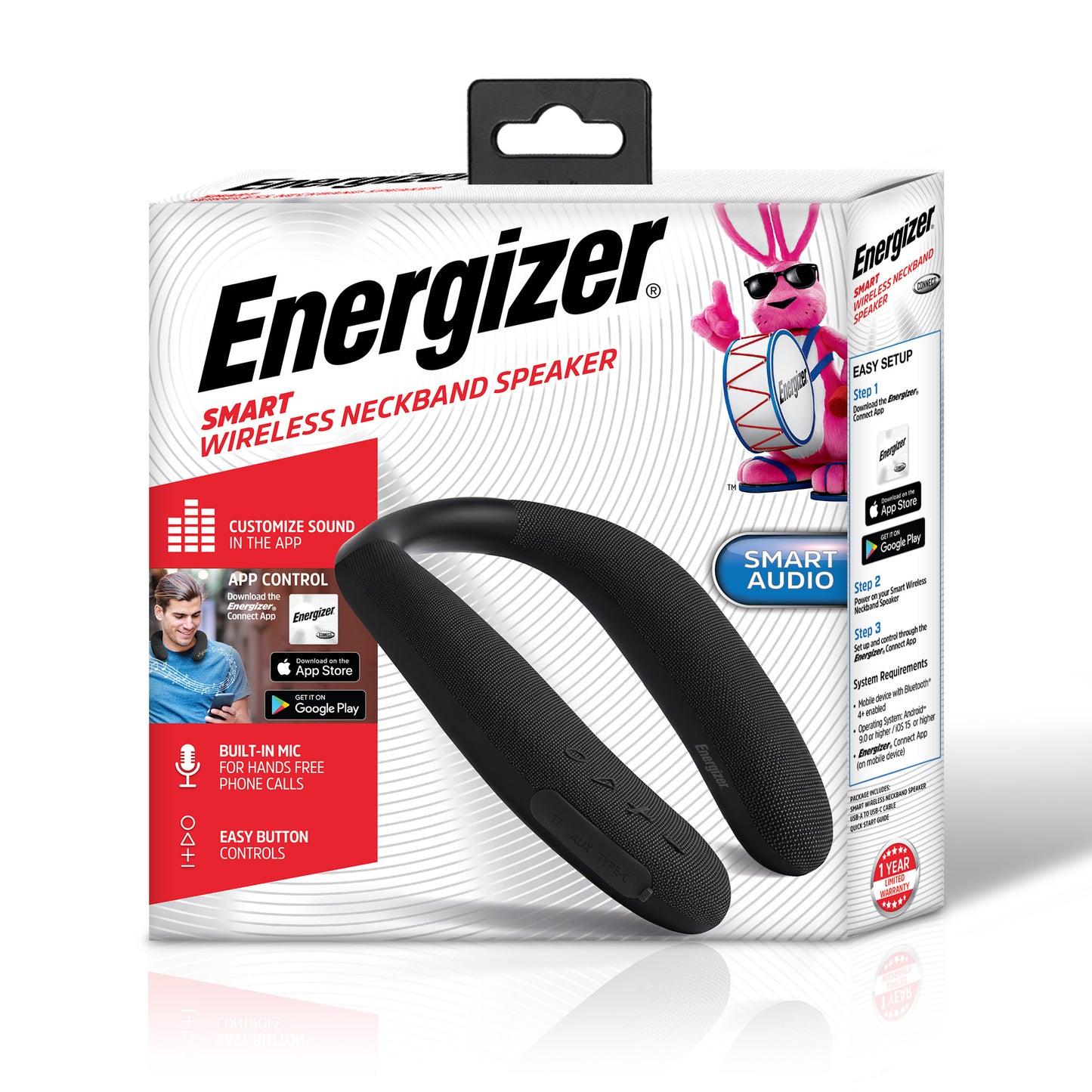 Energizer Smart Wireless Neckband Speaker with Built-In Microphone, App Sound Control, USB-C Charging, AUX & TF Card Playback, Flexible Silicone Neckband
