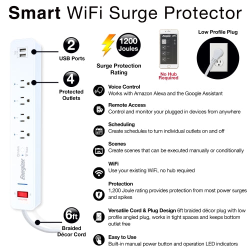 Smart WiFi Surge Protector with 4 AC Ports, 2 USB Ports