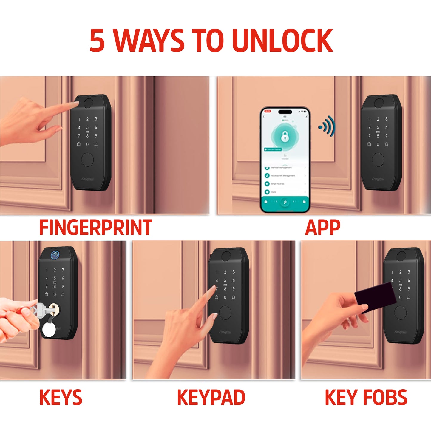 Smart 5 in 1 Deadbolt Door Lock, Fingerprint, Code, Mobile App, Key Fob