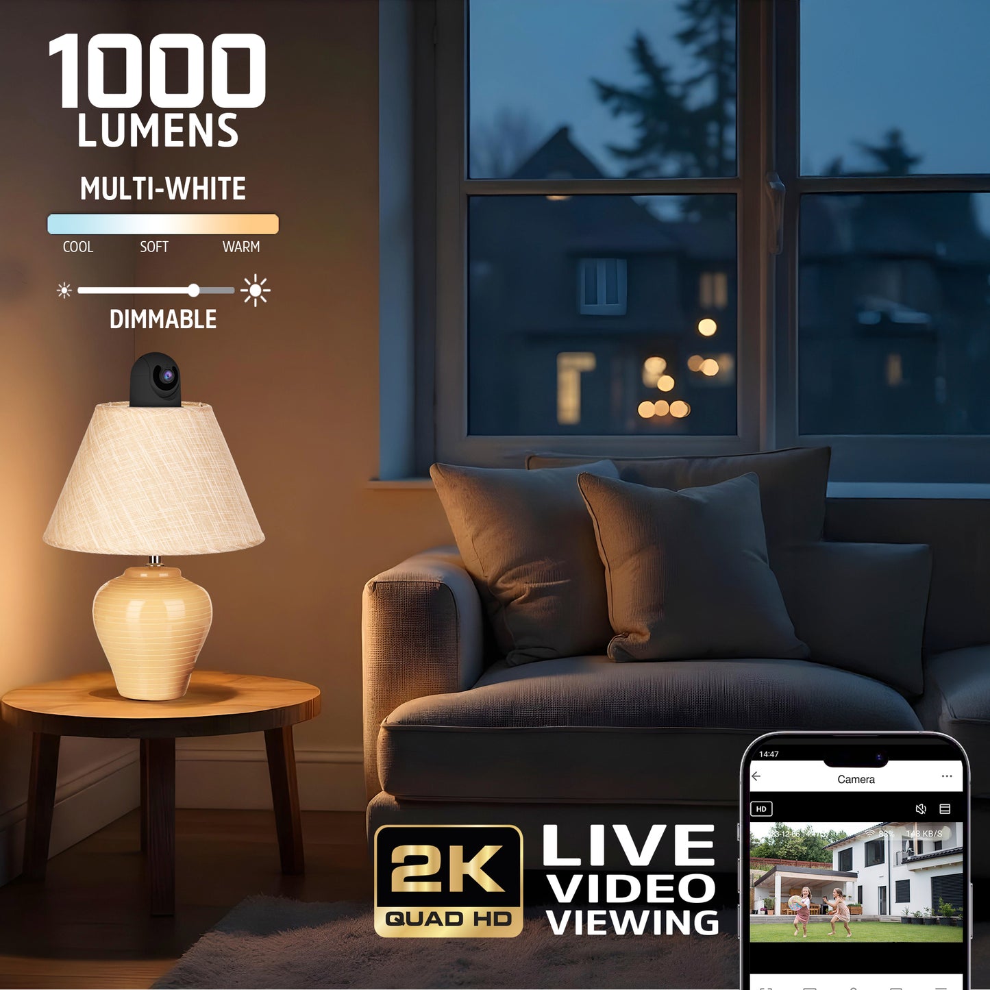 Smart 5GHz 2K Pan and Tilt Camera w/ multi-white 1000 Lumen Lightbulb