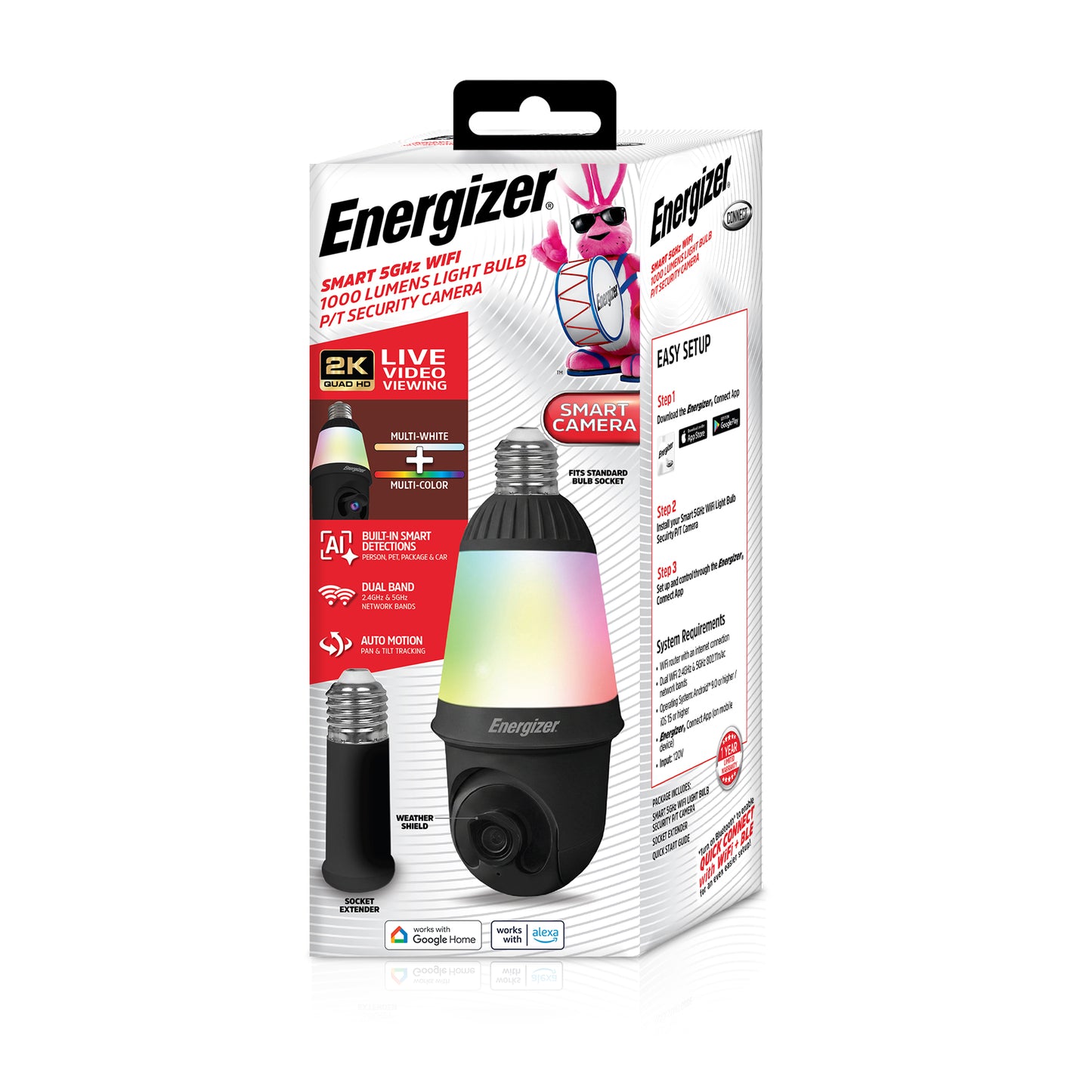 Smart 5GHz 2K Quad HD WiFi 1000 Lumens Light Bulb P/T Security Camera