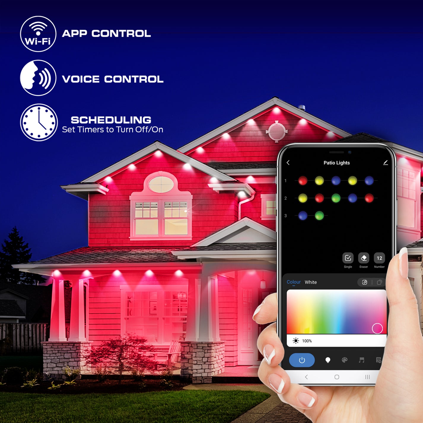 Smart 100 Ft. Outdoor Multicolor Permanent Eaves String Lights ...